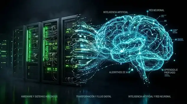 Gráfico 3D mostrando la evolución técnica del SEO tradicional hacia la Web Agéntica